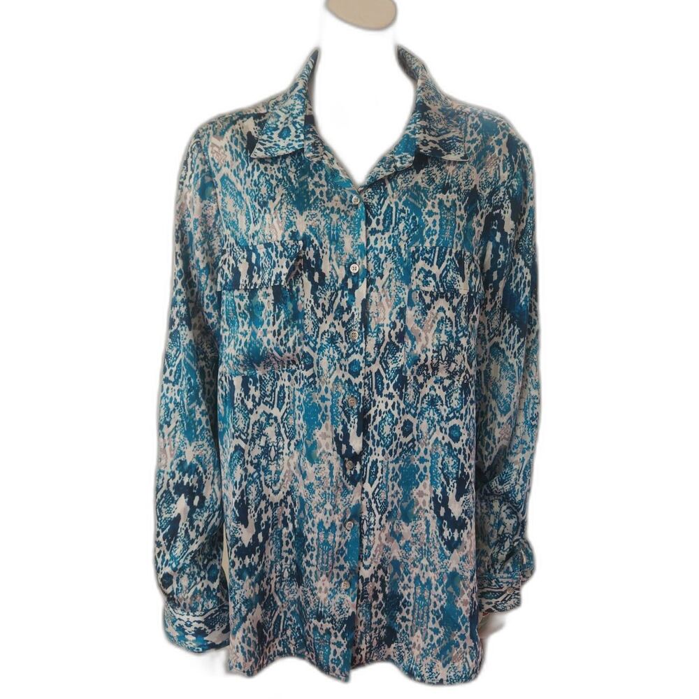 Jones New York Collection Paisley Blue Long Sleeve Button Up Blouse Size 14